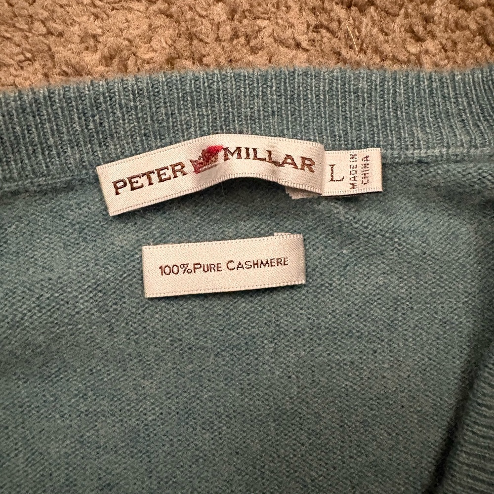 Peter Millar 100% Pure Cashmere Sweater V-Neck Pullover Green Men's Large &Patch - Picture 2 of 4